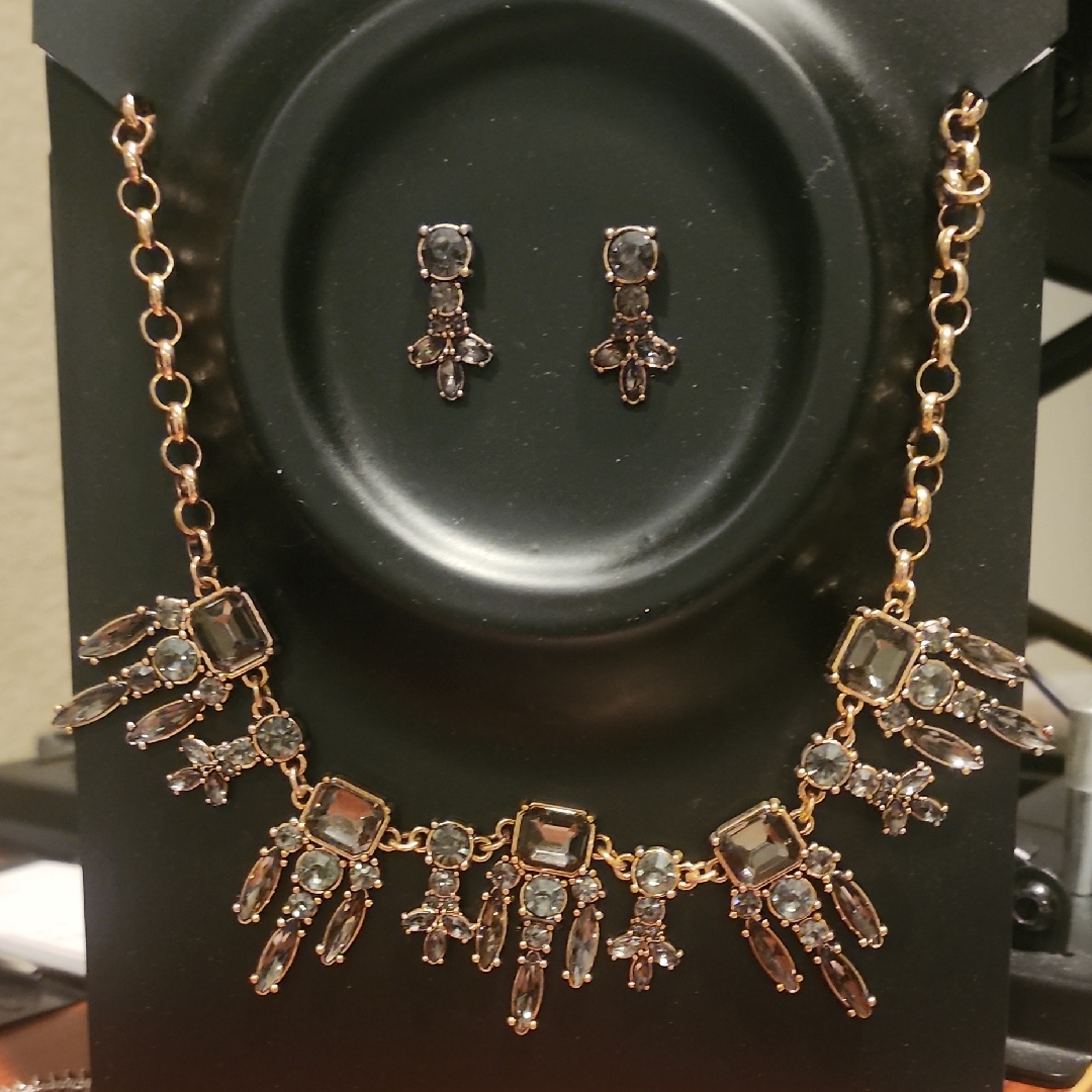 Nwt Iman Jewelry Set Necklace & Earrings Blue Grey Gold